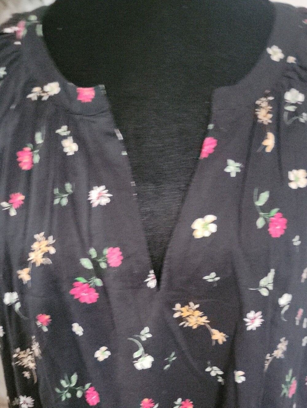 Old Navy Black Floral Split-Neck Peasant Blouse with Pink & White Flowers - Picture 2 of 5
